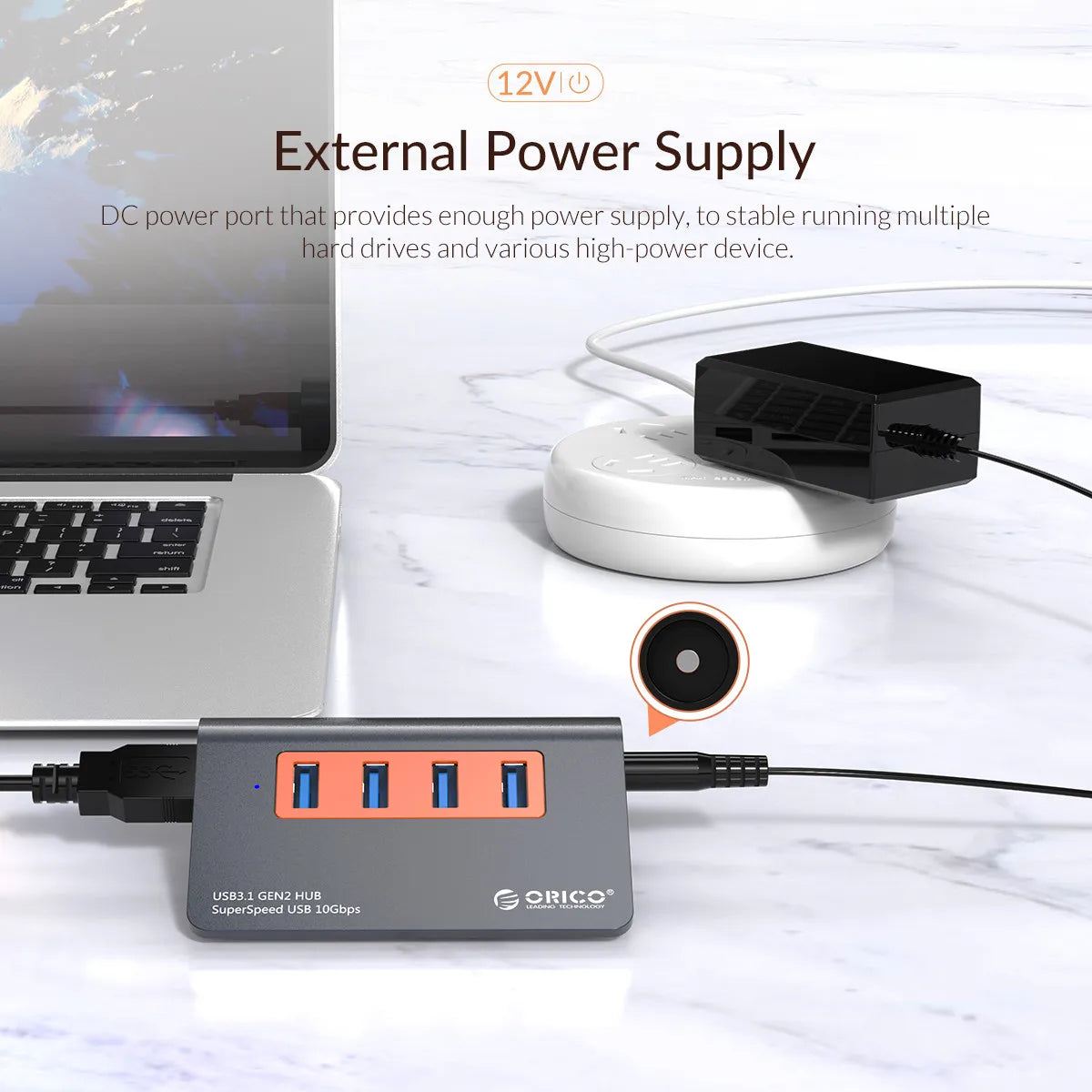 ORICO USB3.1 Gen2 HUB Aluminum USB HUB PC Splitter 10Gbps Super Speed With 12V Power Adapterfor MacBook PC Computer Accessories