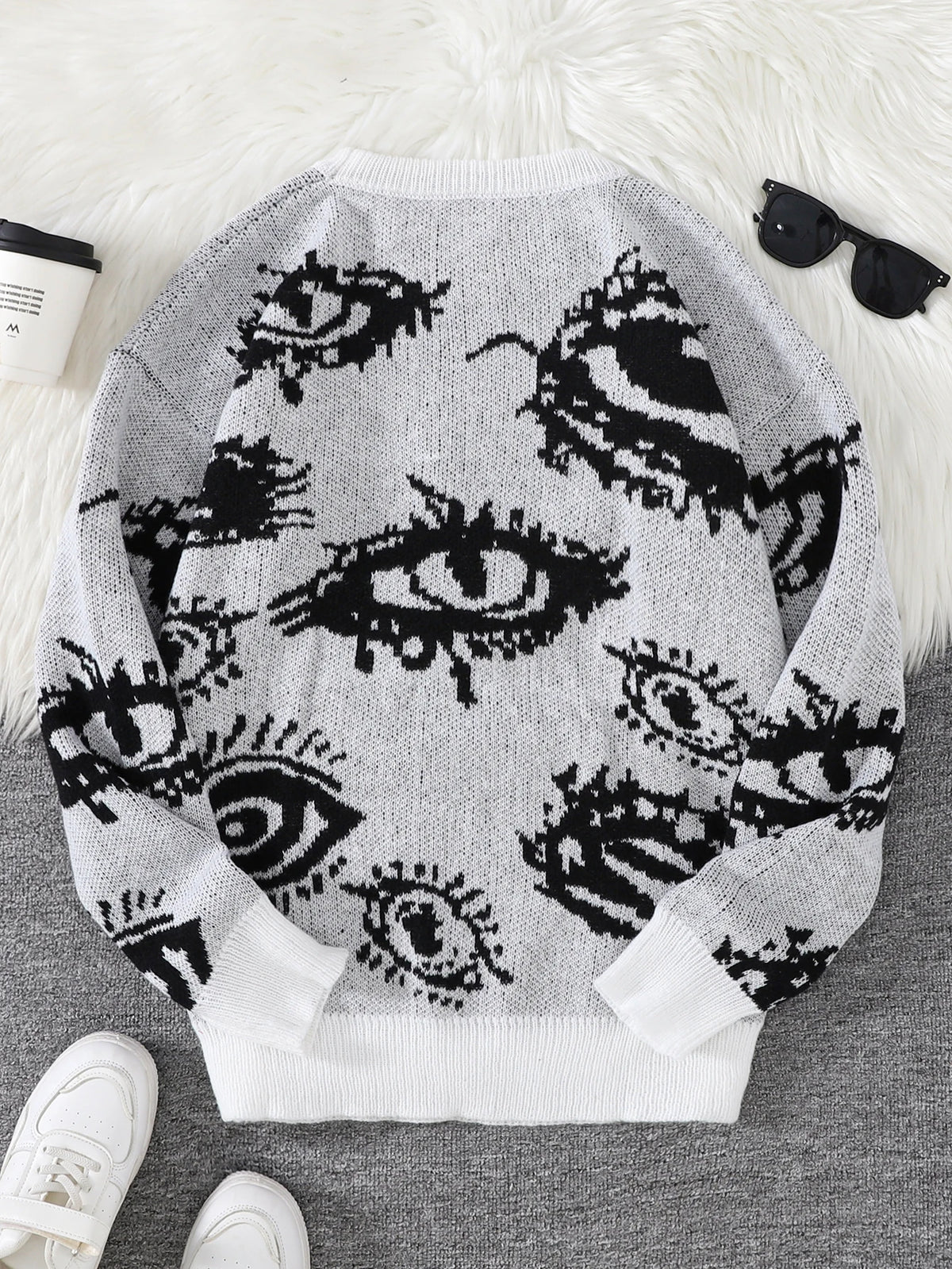 New Popular Autumn and Winter Abstract Eye Jacquard Pattern Pullover Sweater Casual Round Neck Knitted Men's Pullover