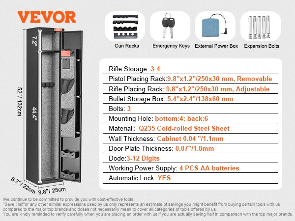 VEVOR 3-8 Rifles Gun Safe with Digital Keypad & Lock Gun Storage Cabinet with Removable Storage Shelf for Home Long Gun Pistols