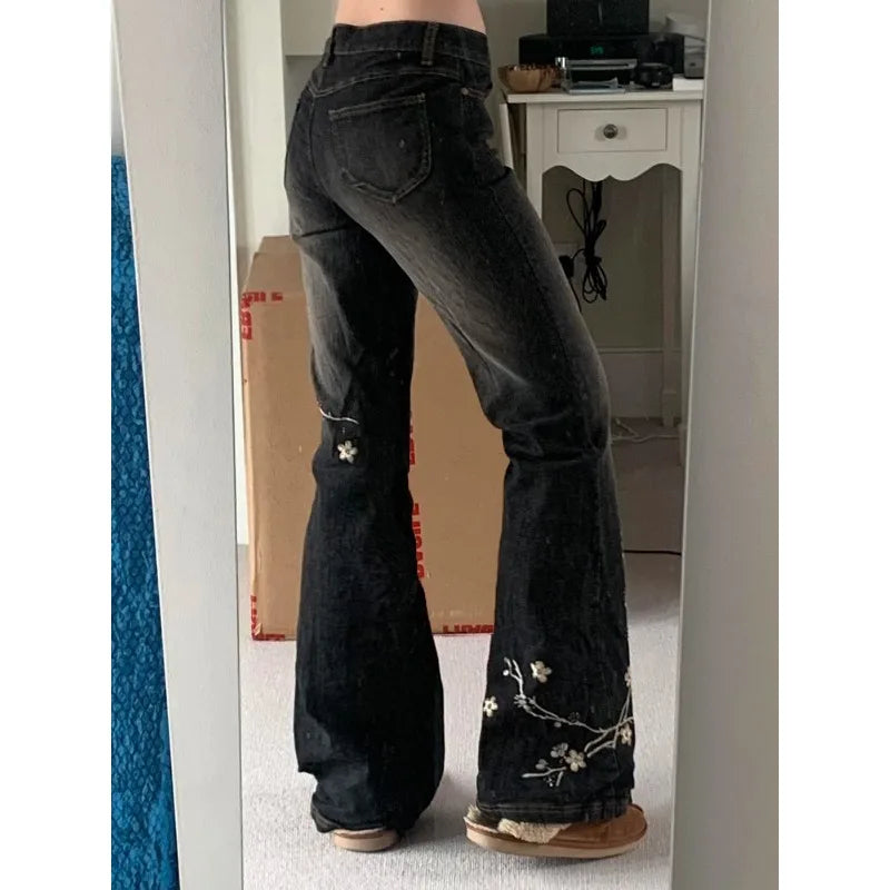 Weekeep Floral Embroidery Jeans Vintage 2000s Low Rise Flared Jeans Women Retro  Baggy Denim Pants High Street Basic Trousers