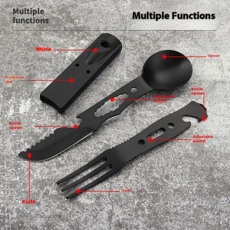 Outdoor Stainless Steel With Whistle Spoon Fork Set Multi Functional Camping Knives Camping Tableware Outdoor Wind Combination