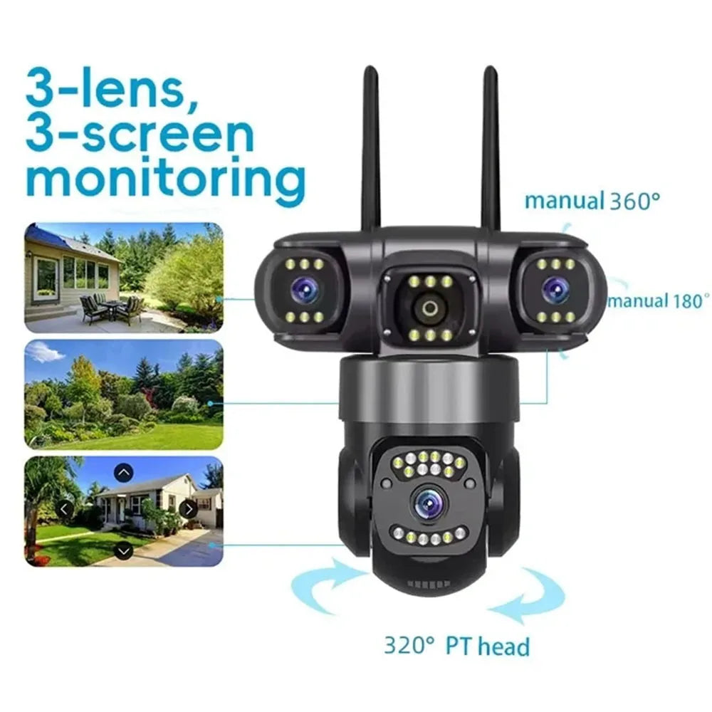 12MP 6K HD Outdoor Surveillance Camera Triple Lenses Triple Screens WiFi Connection Waterproof Night Vision Home Safety Cam