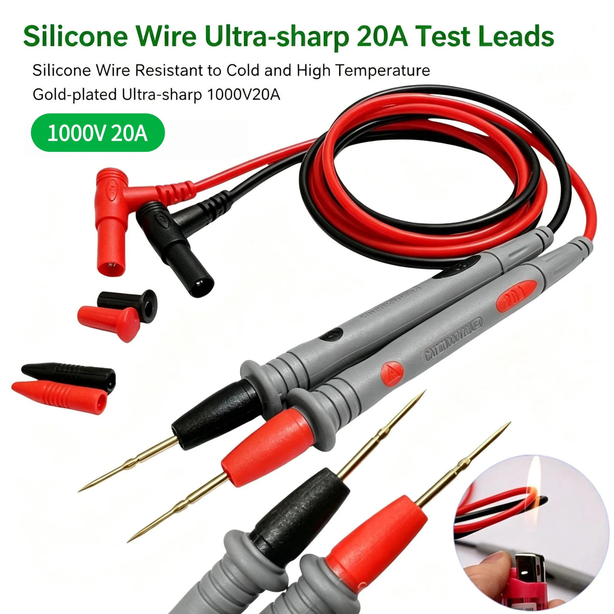 20A 1000V Universal Multimeter Test Leads, Ultra-sharp Tips PVC/Silicone Wire Probes for Electrical Testing