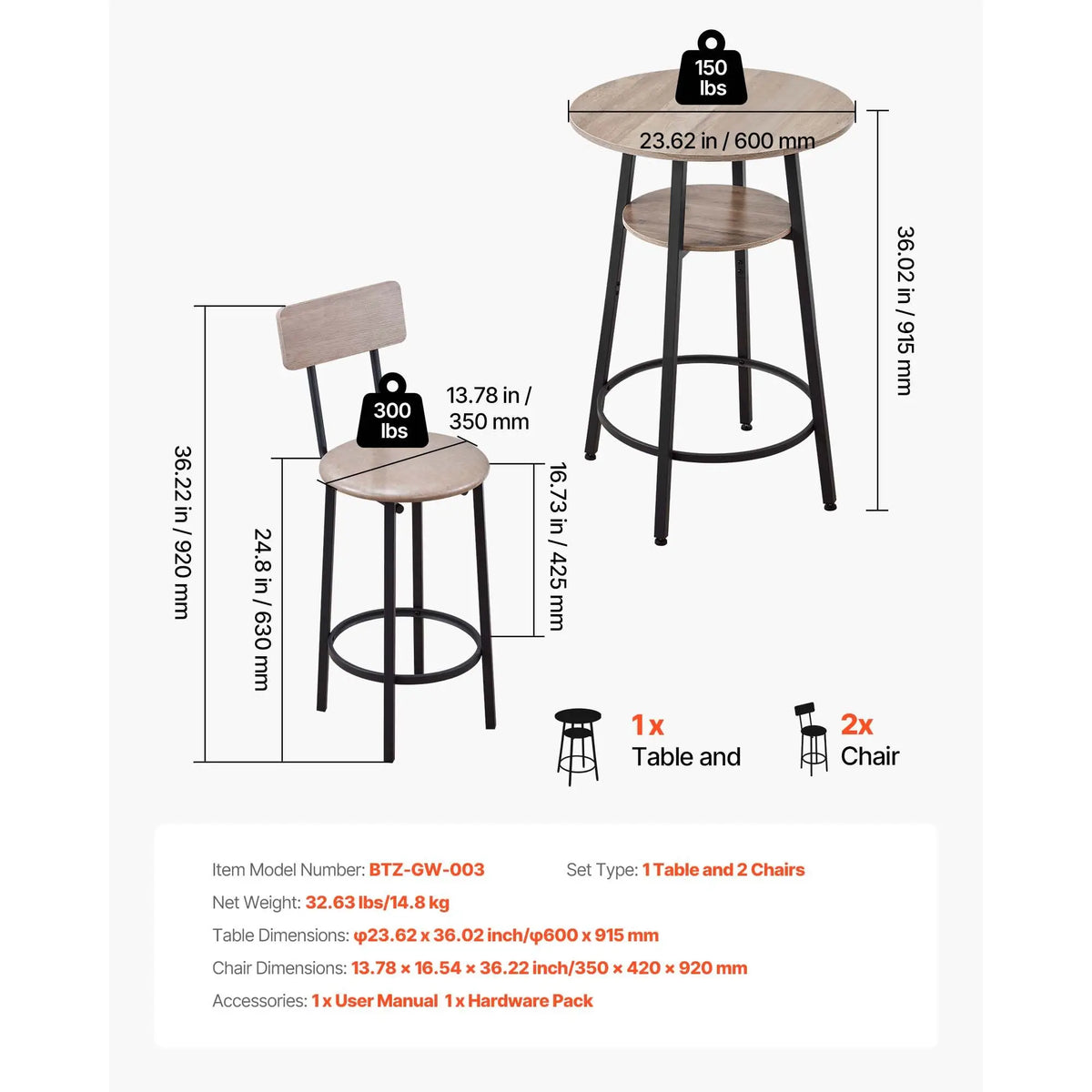 Set of 3pcs 23.5\" Rounded Corner Bar Tables with Two Stools Comfortable Pub Table Furniture