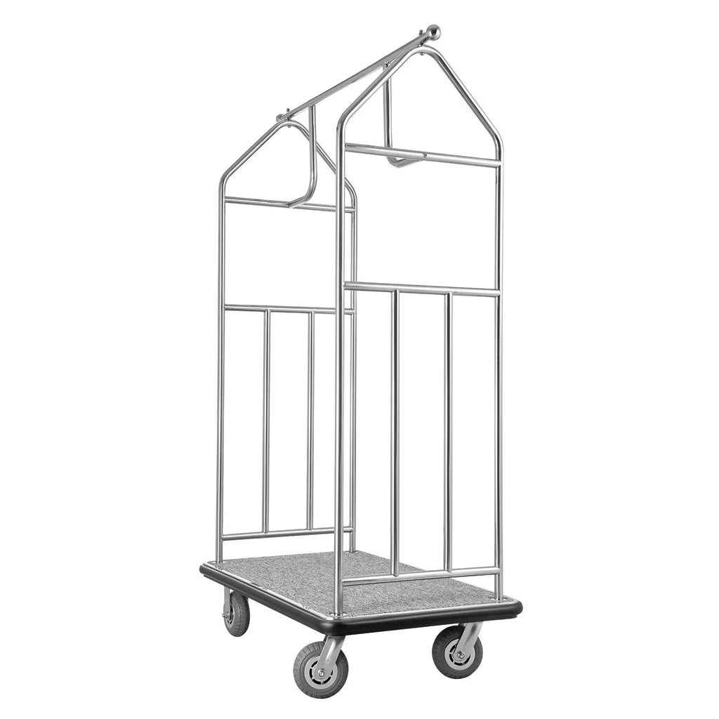 800 LBS Load Capacity Hotel Bellman Cart Brushed Stainless Steel with Grey Carpeted Deck FT s Cart Valet Trolley