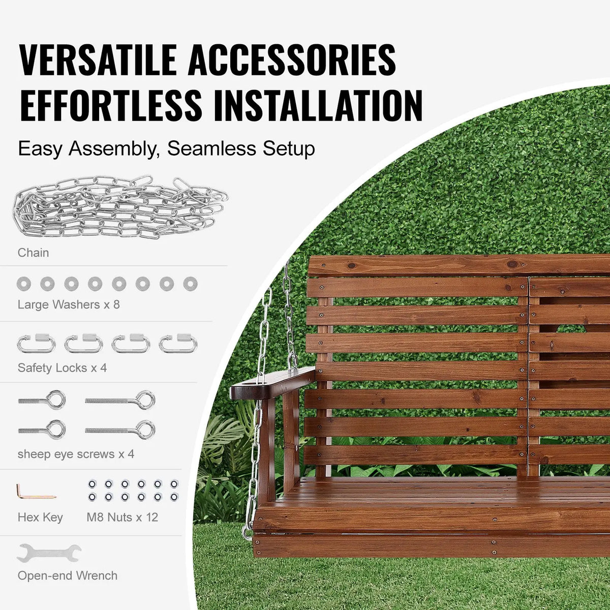 Upgraded 5 ft Wooden Porch Swing Heavy Duty Patio Bench Swing with 880 Lbs Load Capacity for Courtyard Garden for Indoor Use