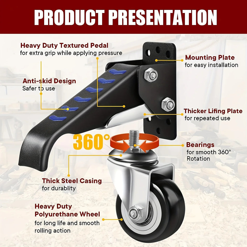 165 lbs 2.5" Set of 4 Workbench Caster Wheels Side Mounted Retractable Stepdown Wheel 360° Swivel for Tables and Equipment