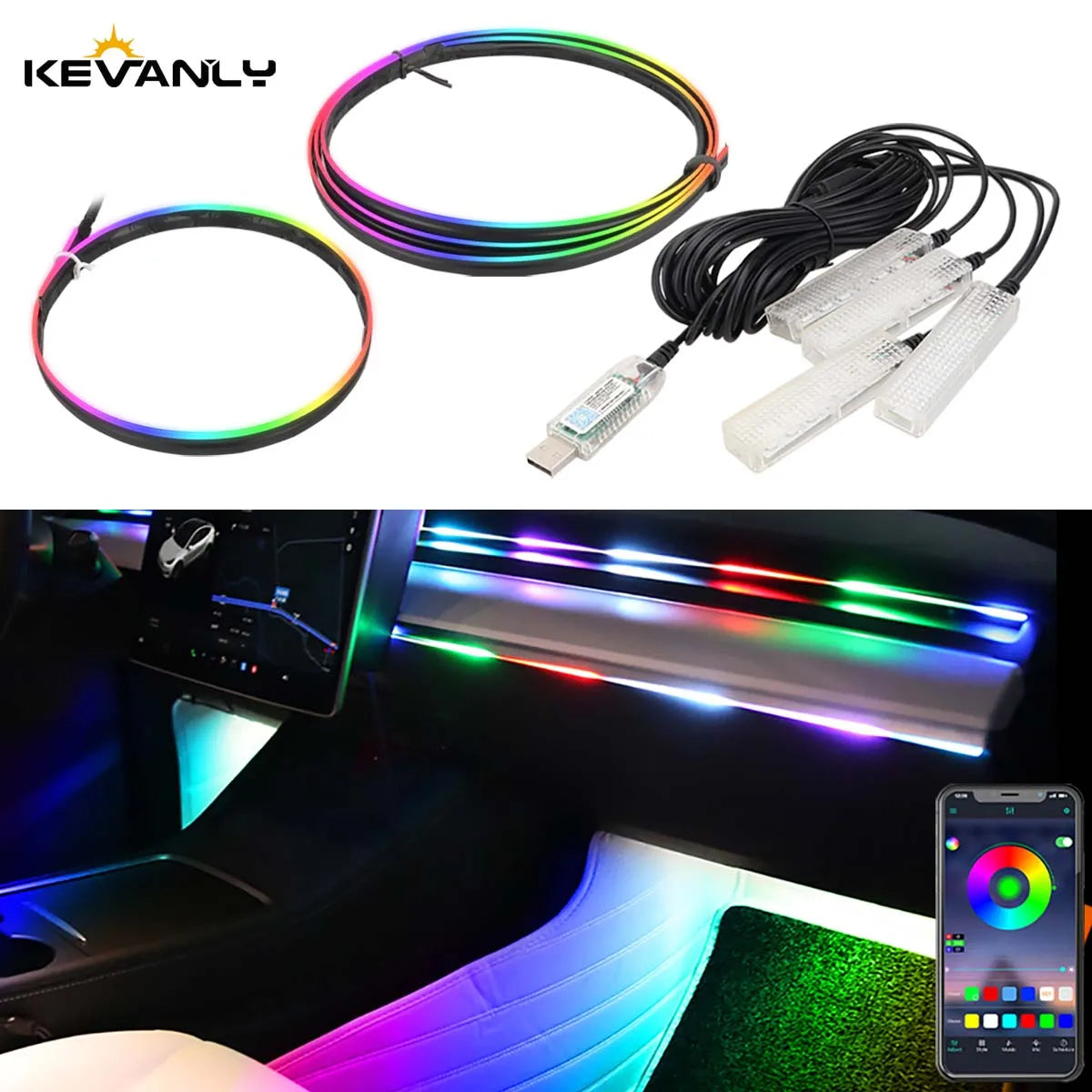 Full Colors USB Car LED Ambient Light Acrylic Strips Dashboard Lights RGB Car Interior Hidden App Remote Control Atmosphere Lamp