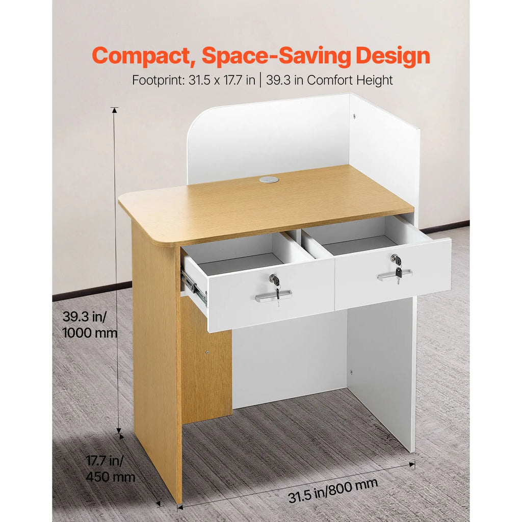 Modern Office Reception Desk 31.5 Inch Rectangular Front Counter Table with LED Light & 2 Drawers for Beauty Salons