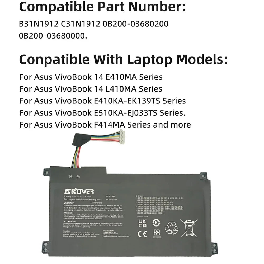 SKOWER B31N1912 Laptop Battery For Asus VivoBook 14 E410MA-EK018TS EK018TS E510KA L410MA R522MA E510MA F414MA L510MA C31N1912