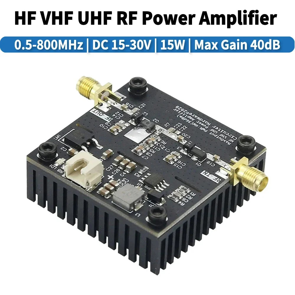 0.5-800MHz RF Power Amplifier HF VHF UHF RF Transmitter power amplifier DC15-30V 15W 40dB Gain For Ham Radio RF Amplifier Module