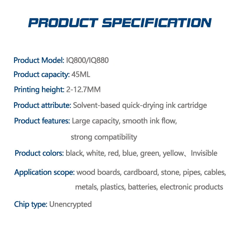 The A Quality Solvent-Based Quick-Drying Ink Cartridges IQ800 and IQ880 Are Suitable for 12.7MMTIJ Inkjet Printers