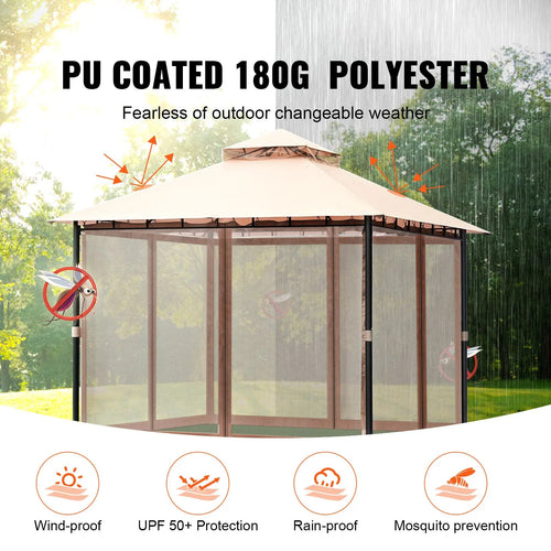 "10x10 FT Metal Frame Patio Gazebo with Mosquito Netting & PU Coated Polyester Canopy for 6-8 Person Backyard"