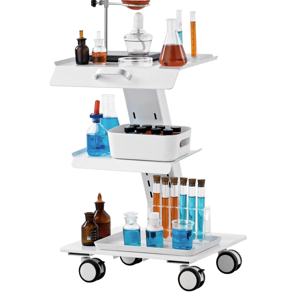 "3-Layer Metal Mobile Rolling Lab Cart with Swivel Wheels & Tray 220 Lbs Weight Capacity for Clinics & Labs"
