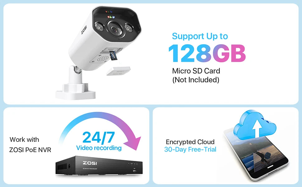 ZOSI 4K IP Camera Add-on PoE Security Camera Two Way Audio 8MP Ultra HD Color Night Vision Home CCTV Video Surveillance Camera
