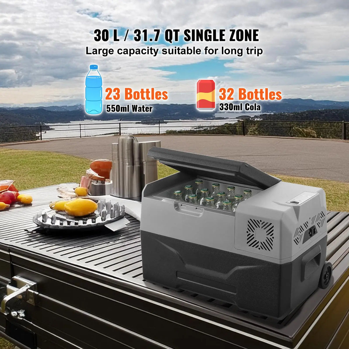 Single Zone 30L Portable Freezer 12/24V DC Car Refrigerator Fridge with Wheels Handle EU Plug for RV 4 68 F