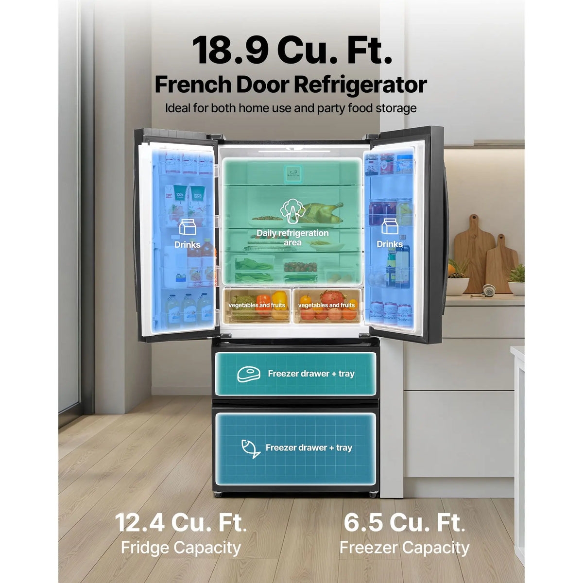18.9 Cu. Ft. Counter Depth French Door Refrigerator LED Display Kitchen Fridge with 4 Casters Frost-Free Defrost