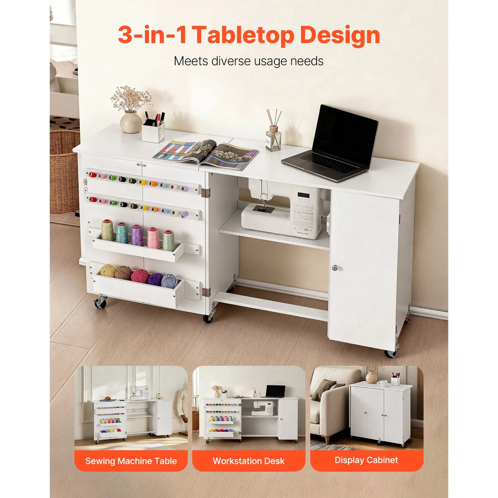 "Sewing Machine Table Cabinet with Foldable Design Compact Wheels Wooden Pegs & Storage Trays"