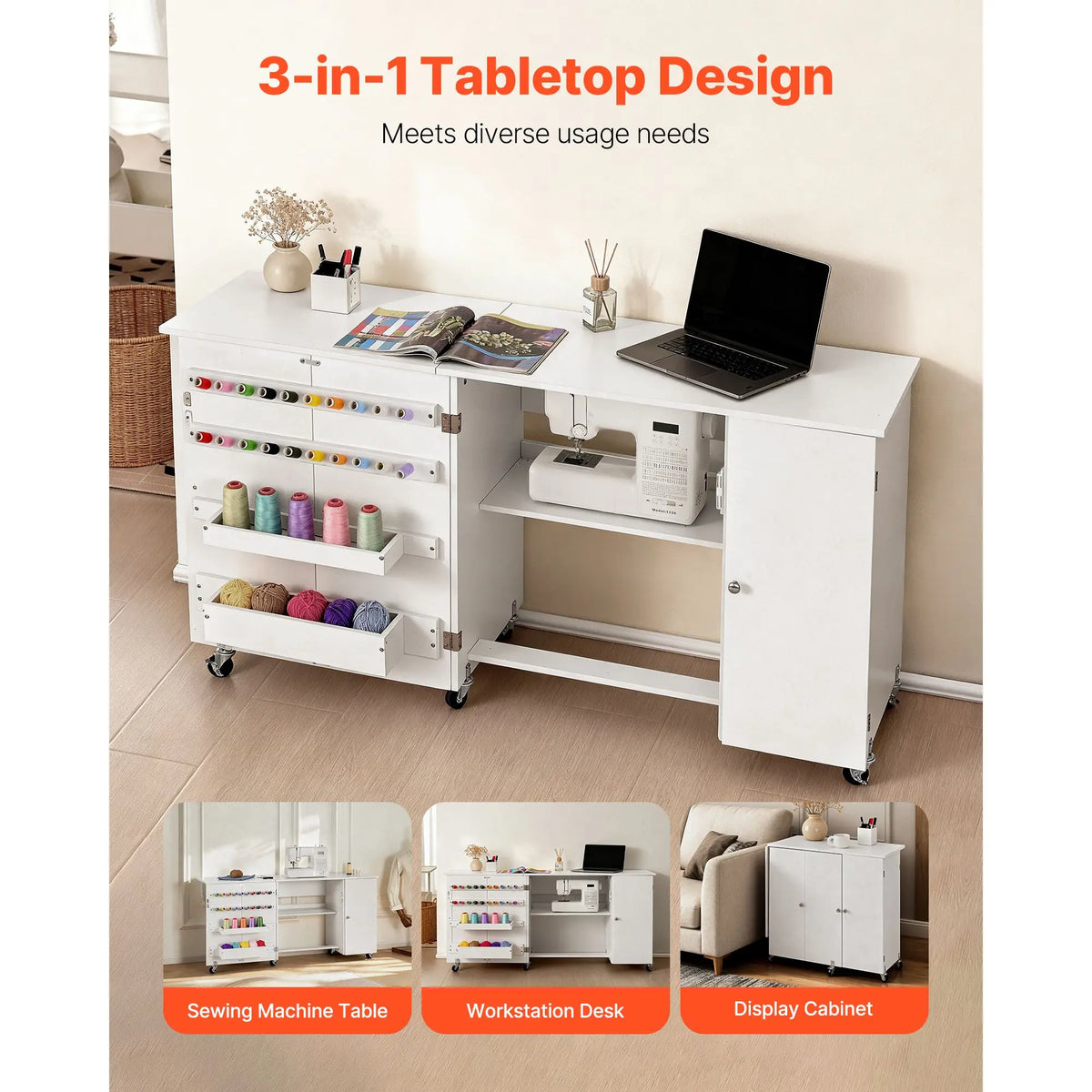 "Sewing Machine Table Cabinet with Foldable Design Compact Wheels Wooden Pegs & Storage Trays"