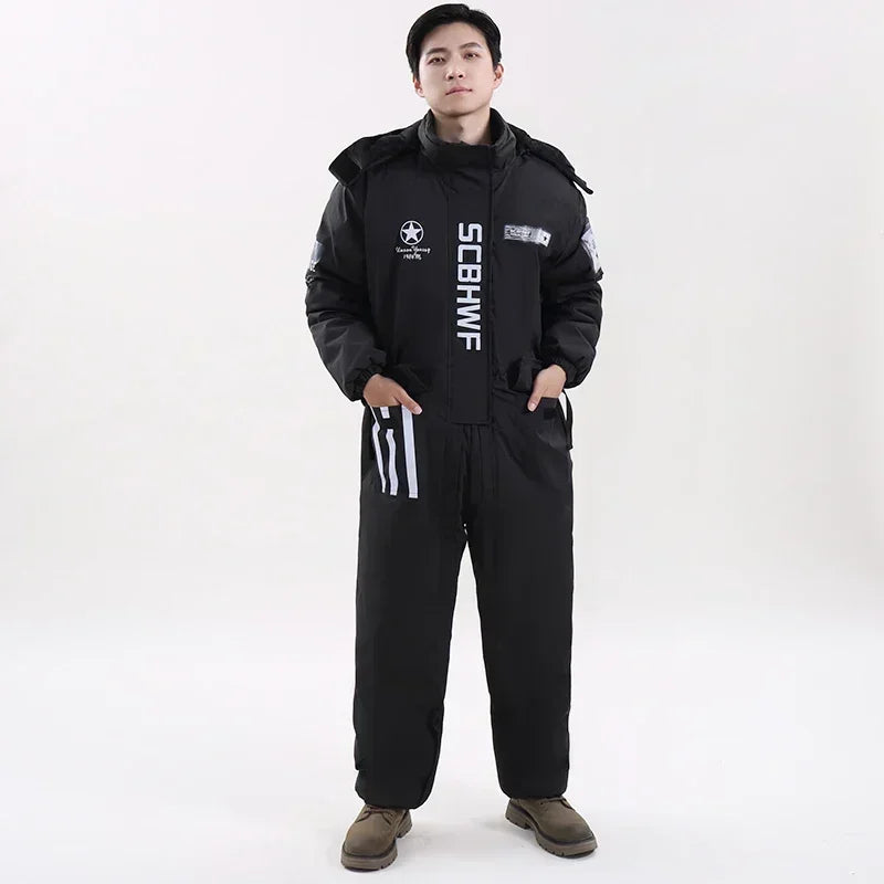 Winter Waterproof Windproof Ski Suit Thick Fleece Jumpsuit for Men Women, Cold Resistant Motorcycle Riding Suit