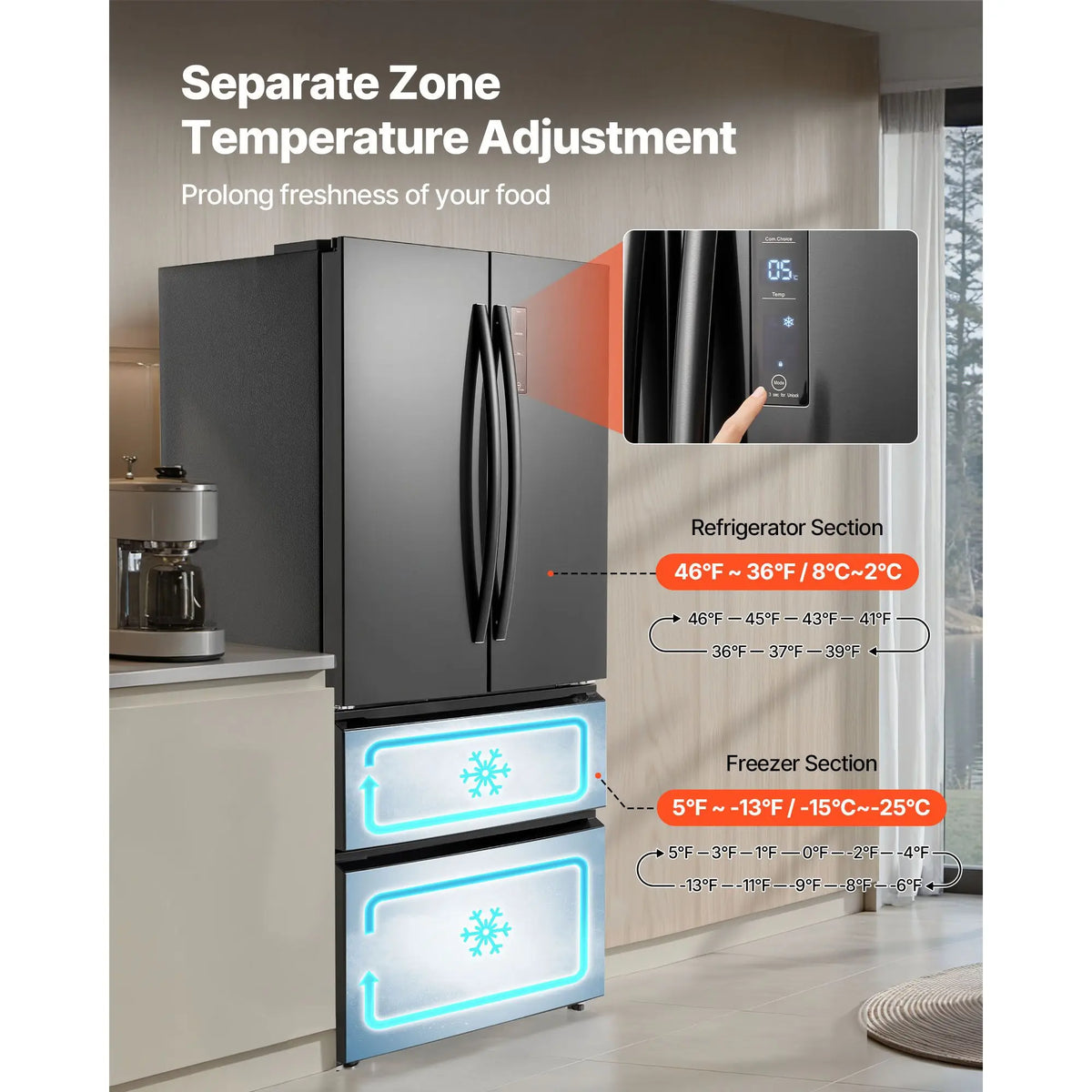 18.9 Cu. Ft. Counter Depth French Door Refrigerator LED Display Kitchen Fridge with 4 Casters Frost-Free Defrost