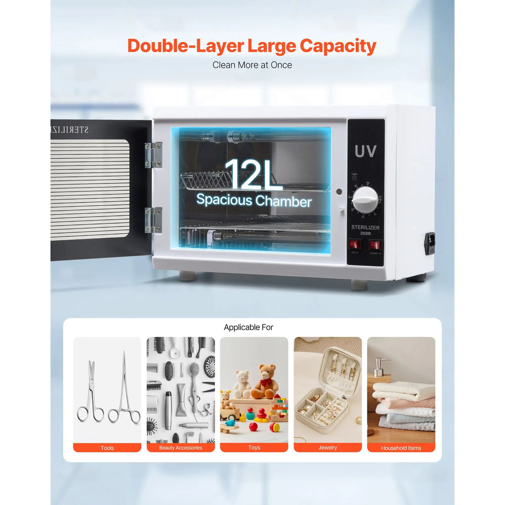 12L Large Capacity Nail Tool Cleaning Machine Knob Control Countertop UV Sterilization Cabinet Tempered Glass Door Timer Setting