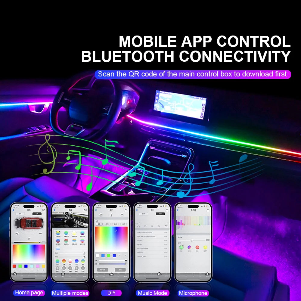 Newest Car LED Dual Zone Hidden Ambient Light Smoke Matt Black Acrylic Strip Symphony Interior Decoration Atmosphere Light Kits