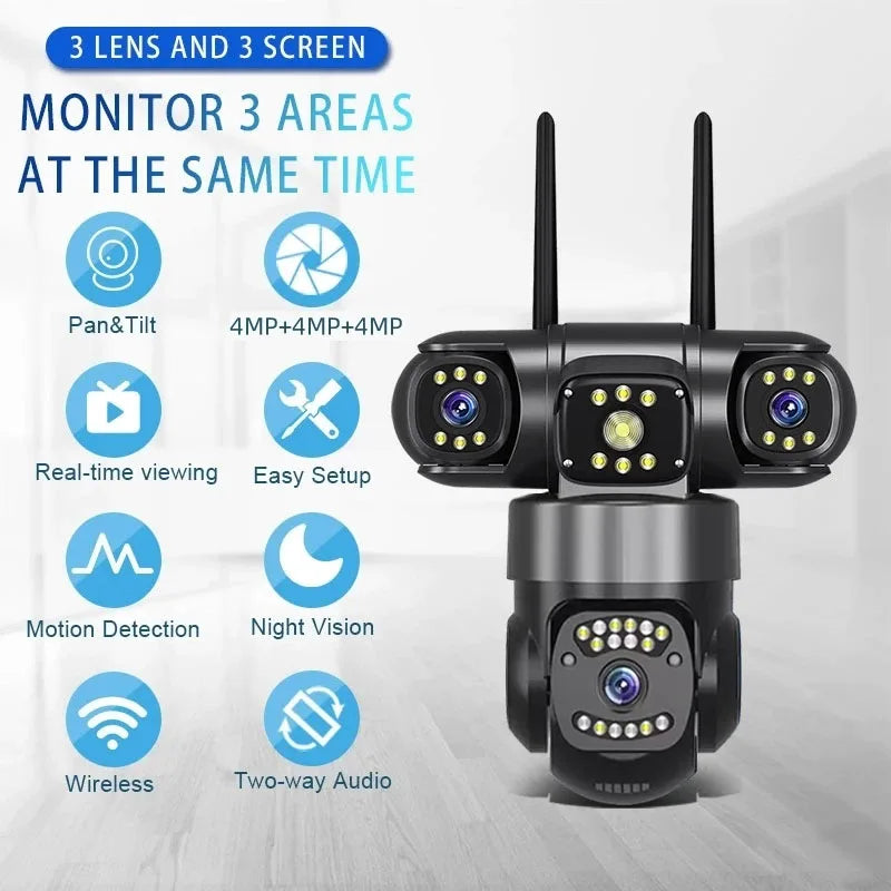 12MP 6K HD Outdoor Surveillance Camera Triple Lenses Triple Screens WiFi Connection Waterproof Night Vision Home Safety Cam