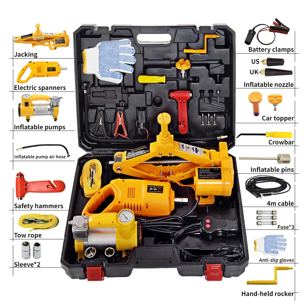 3 Ton Electric Car Jack Kit Lifting Set 12V 3 in 1 Scissors Car Jacks with Impact Wrench and Pump Auto Lift Repair Tools