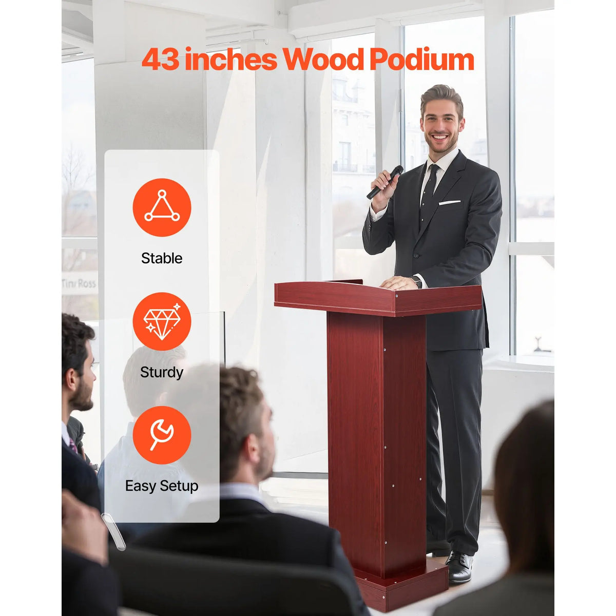 41-Inch Elegant Design Wooden Podium Stand MDF Lectern with Wide Reading Surface Laptop Desk Edge Stopper for School Application
