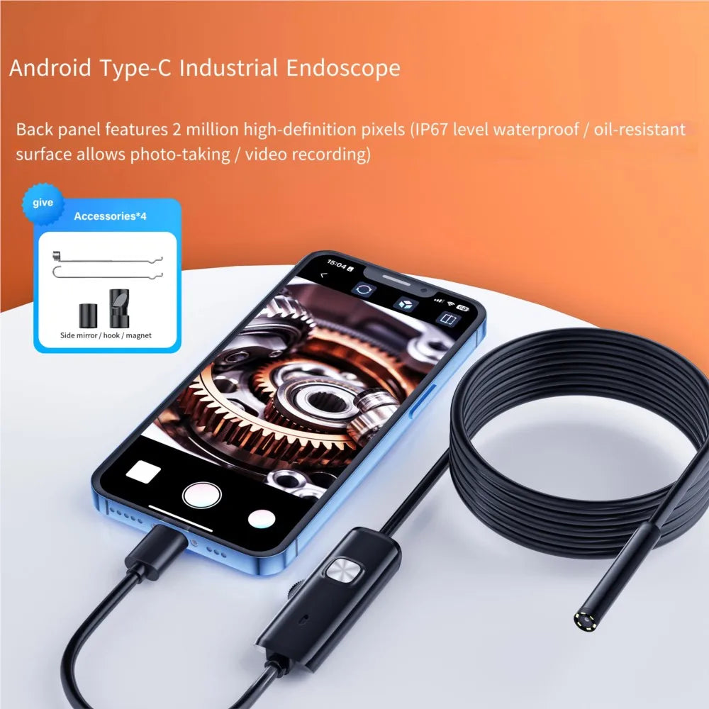 7.0MM Type-C Endoscope Camera IP67 Waterproof with 6 Adjustable LEDs USB Android Flexible Inspection Borescope for Phone PC