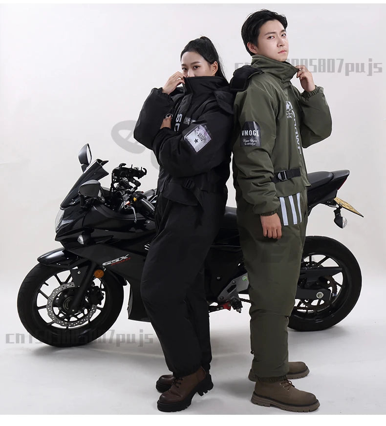Winter Waterproof Windproof Ski Suit Thick Fleece Jumpsuit for Men Women, Cold Resistant Motorcycle Riding Suit