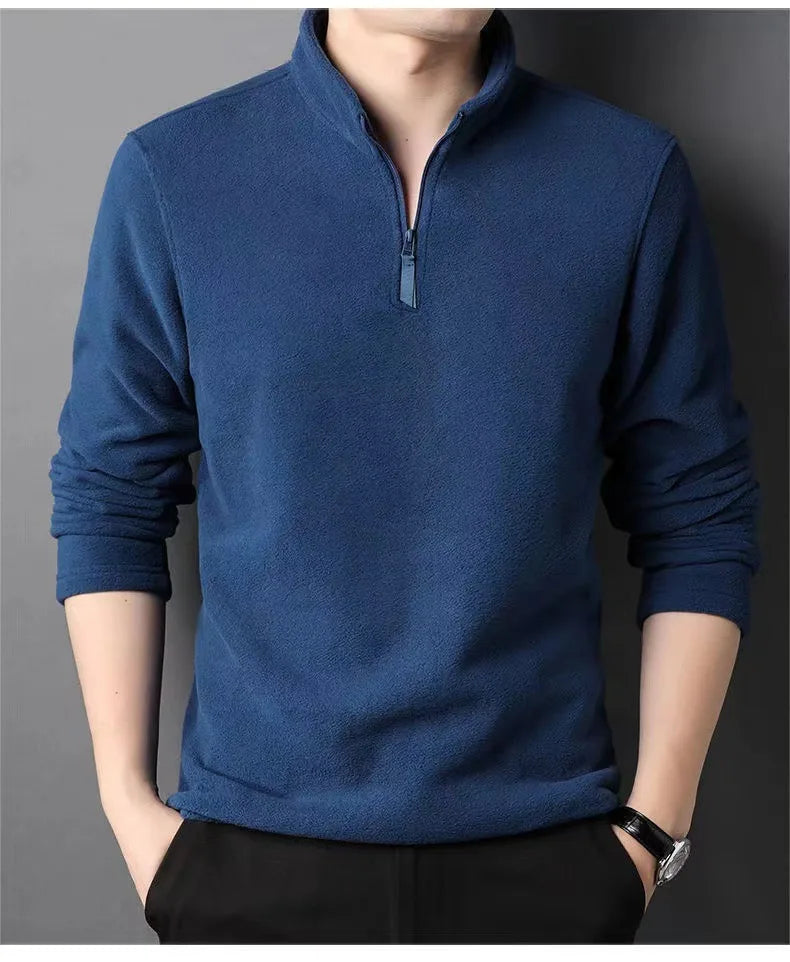Autumn Winter New Warm Polo Shirts Men's Lamb Wool Sweatshirt Standing Neck Half Zip Long Sleeve Fashion Versatile Men Tees Tops
