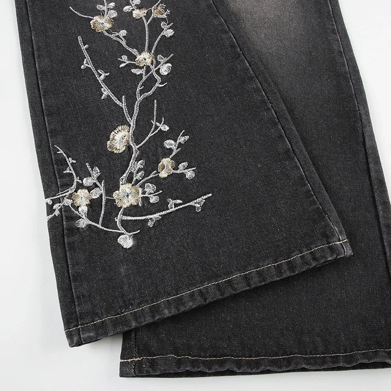 Weekeep Floral Embroidery Jeans Vintage 2000s Low Rise Flared Jeans Women Retro  Baggy Denim Pants High Street Basic Trousers