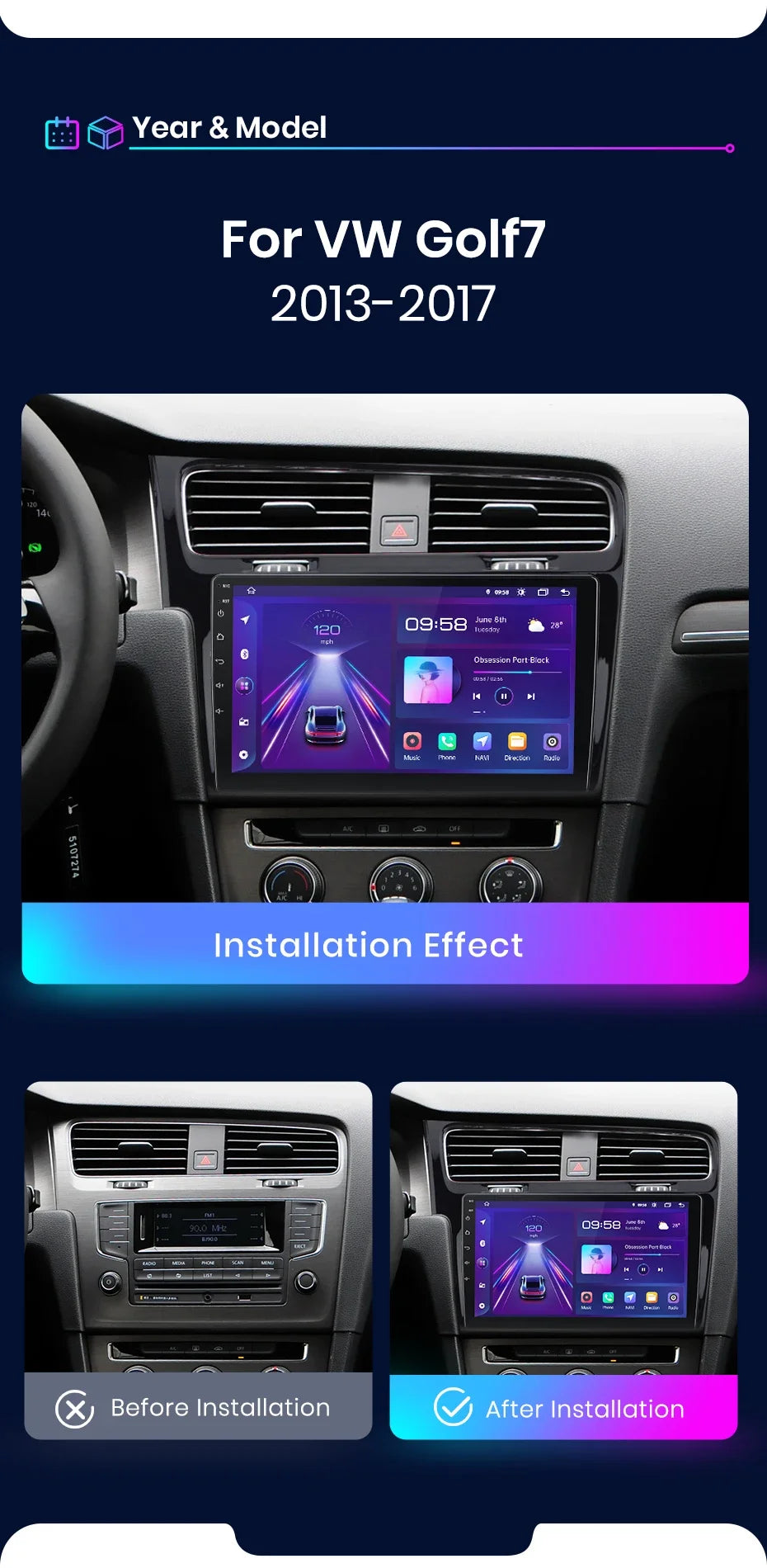 Junsun AI 4G LTE Wireless CarPlay Android Auto Car Radio For VW Volkswagen Golf 7 2013 2014 2015-2017 GPS Navi BT DSP RDS FM