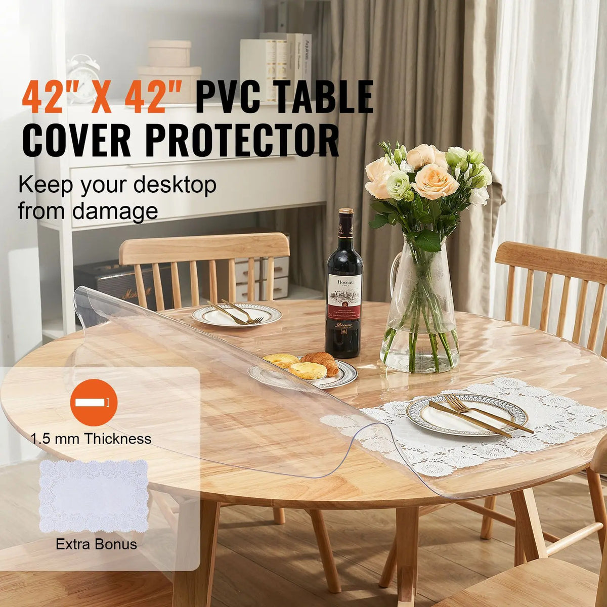 "42 Inch/1068 mm Clear PVC Plastic Waterproof Table Cover 1.5 mm Thick for Desktop Protection"