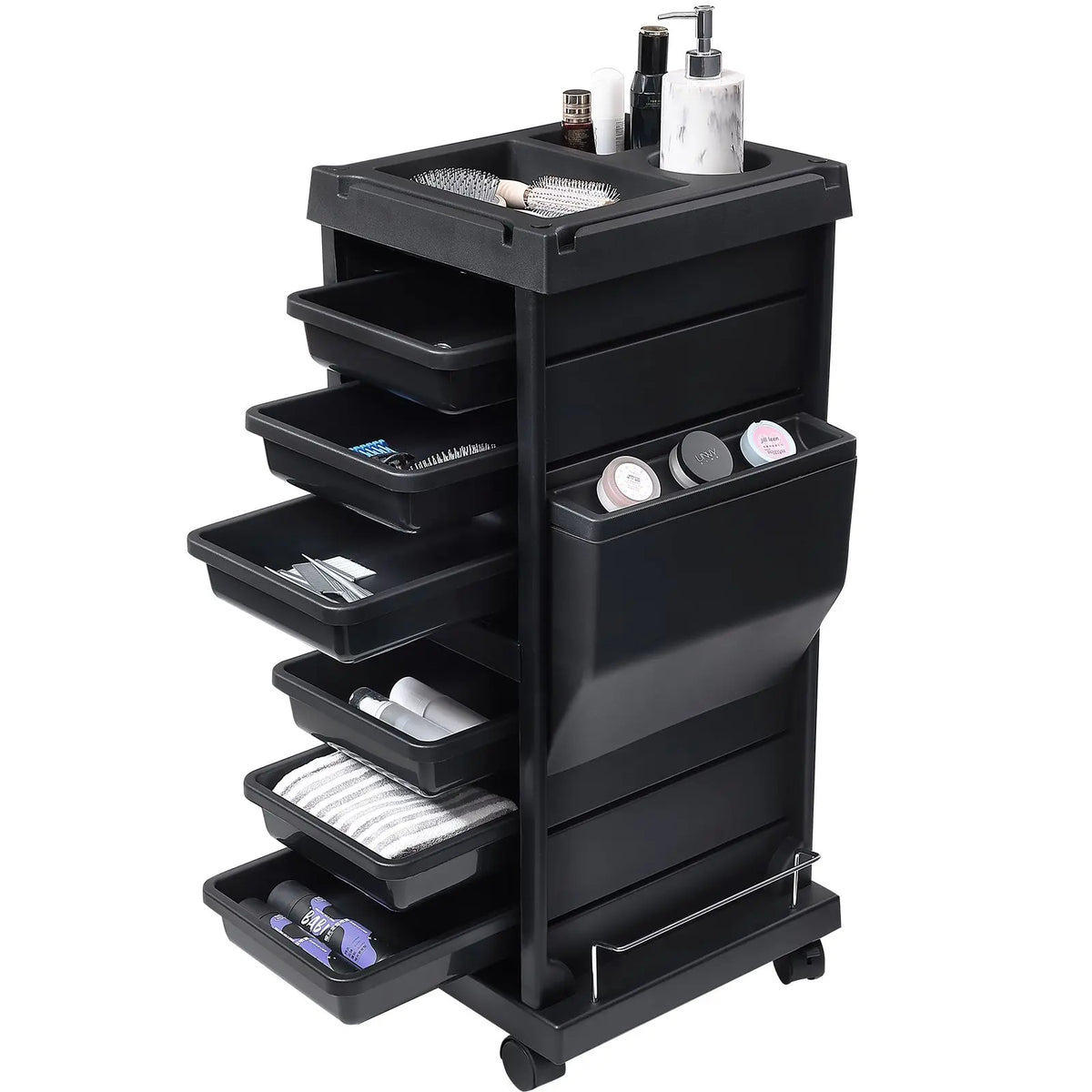 "Lockable Metal Hairdresser Cart with 6 Removable Drawers for Stylists"
