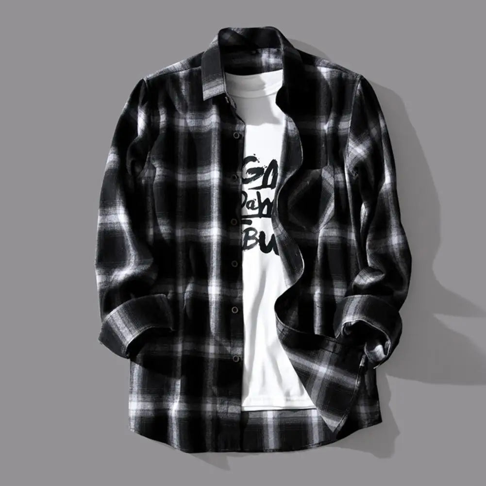 Check Shirts Men Plaid Shirt Coat Lapel Single-breasted Autumn Shirt Jacket Oversized Shirts Chic Male Casual Long Sleeves Shirt