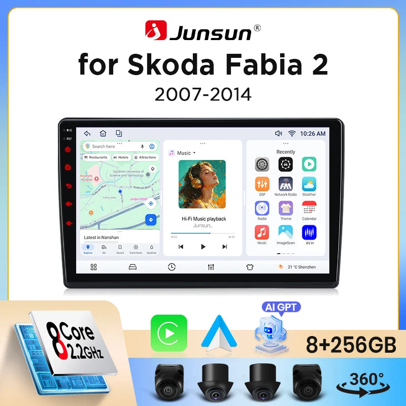 Junsun Wireless CarPlay Android Auto Car Radio For Skoda Fabia Mk2 (5J) 2007-2014 Built-in Cooling Fan Android GPS Navigation Multimedia Player WiFi DSP RDS BT SWC IPS Touch Screen Autoradio Video Player Head Unit Stereo