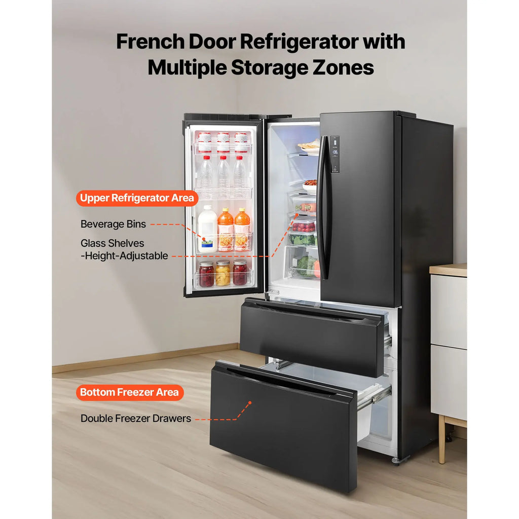 18.9 Cu. Ft. Counter Depth French Door Refrigerator LED Display Kitchen Fridge with 4 Casters Frost-Free Defrost