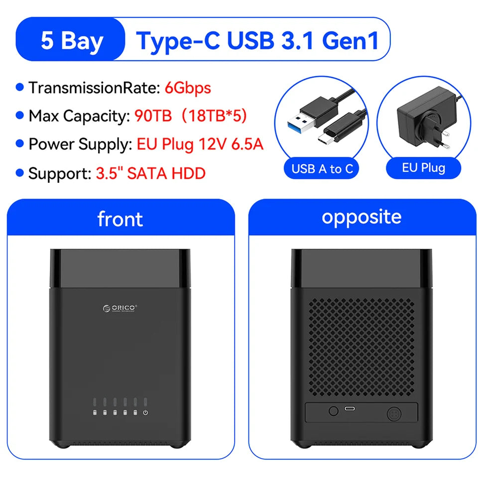 ORICO 5 Bay 3.5" SATA Hard Drive Enclosure HDD Docking Station USB 3.0 Type C External HD Case 90TB Storage Expansion 12V/6.5A