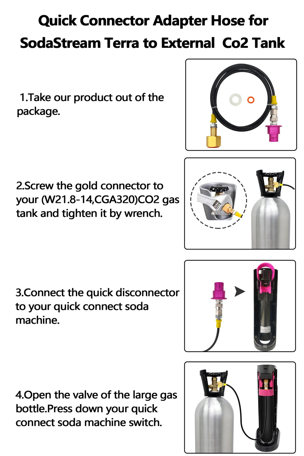 External CO2 Source Tank Hose Adapter Adaptor for Sodastream Soda Water Machine Replace 60L Quick Connect Pink Cylinder