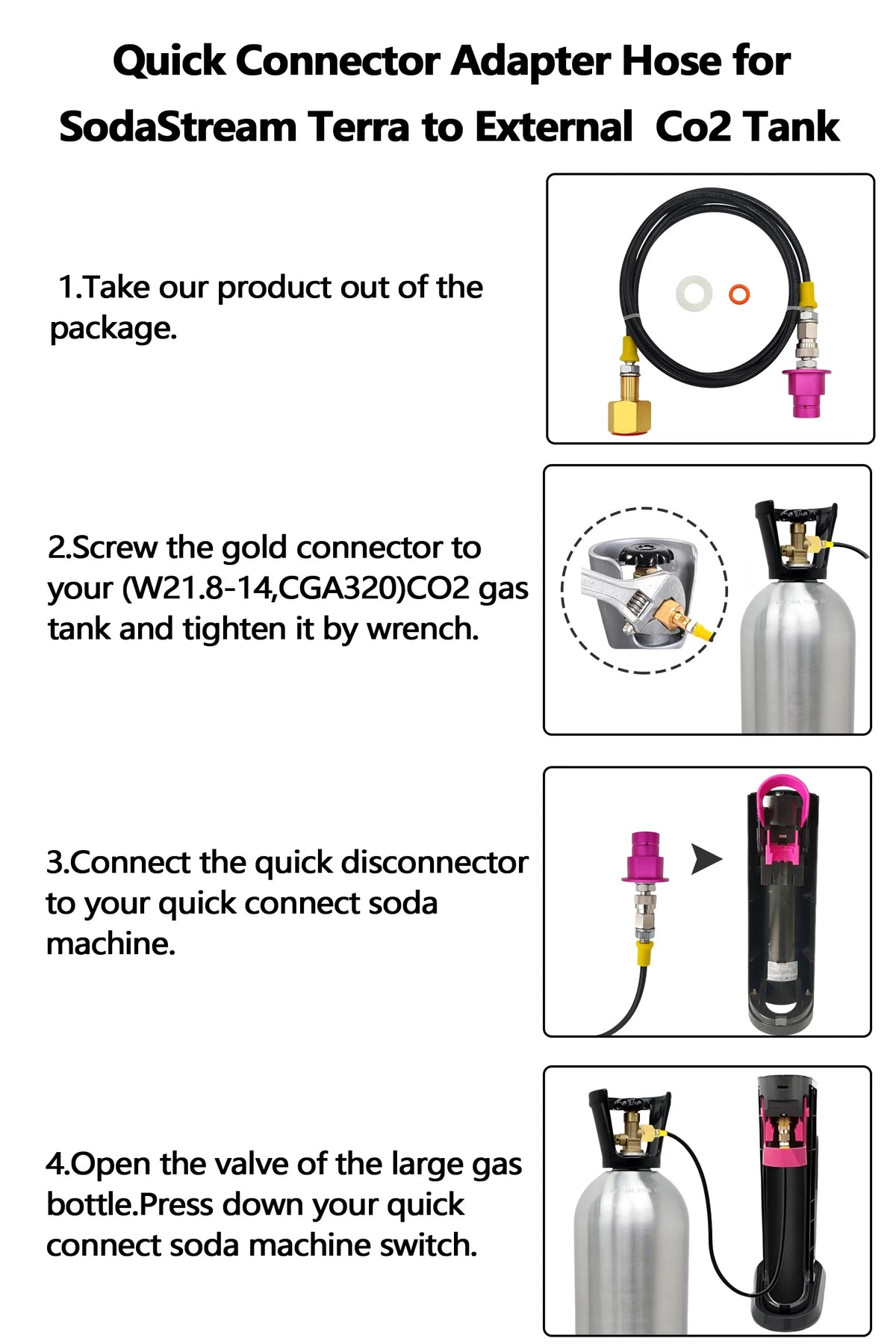 External CO2 Source Tank Hose Adapter Adaptor for Sodastream Soda Water Machine Replace 60L Quick Connect Pink Cylinder