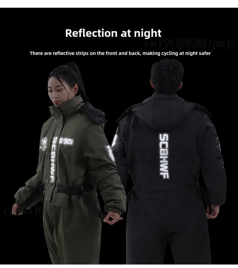 Winter Waterproof Windproof Ski Suit Thick Fleece Jumpsuit for Men Women, Cold Resistant Motorcycle Riding Suit