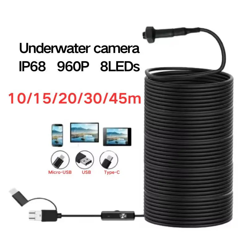 40m Fish Finder Underwater Fishing Endoscope Camera 960P Cars Sewer Inspection Borescope Waterproof 3In1 For Usb Android Type-C