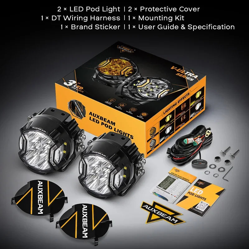 AUXBEAM 3 Inch 108W LED Side Shooter White Pod Lights with Amber DRL LED Driving Light for ATV UTV SUV Off Road