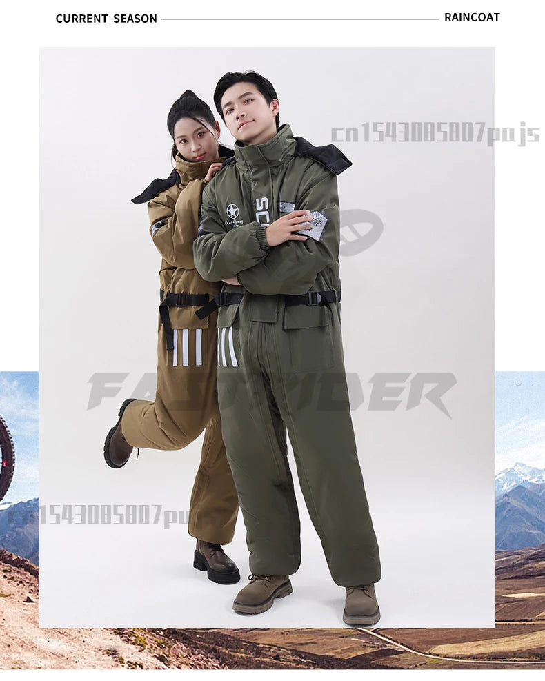 Winter Waterproof Windproof Ski Suit Thick Fleece Jumpsuit for Men Women, Cold Resistant Motorcycle Riding Suit