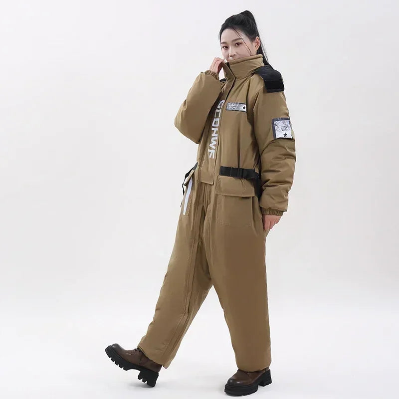 Winter Waterproof Windproof Ski Suit Thick Fleece Jumpsuit for Men Women, Cold Resistant Motorcycle Riding Suit