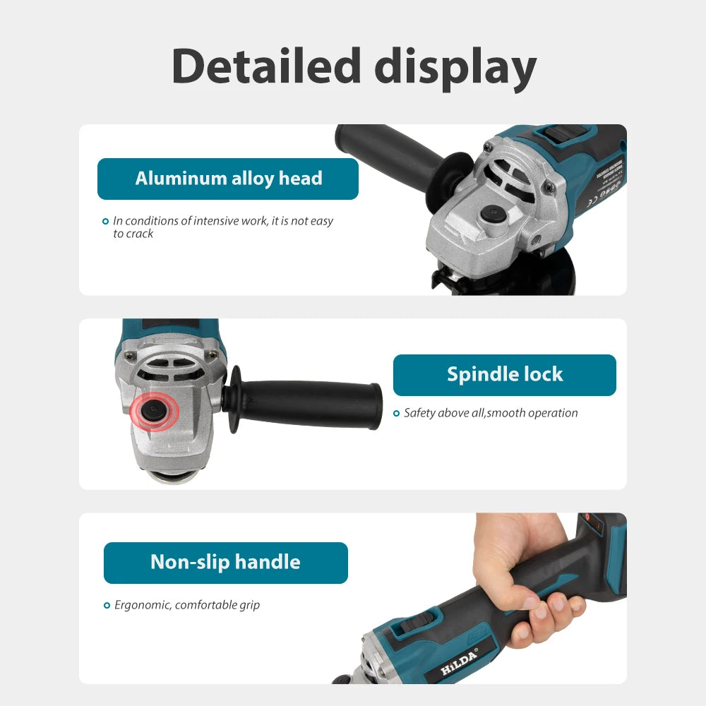 HILDA 21V Handheld Brushless Angle Grinder Cutting Rechargeable Electric Power Tool Polishing Machine Grinder for Makita Battery