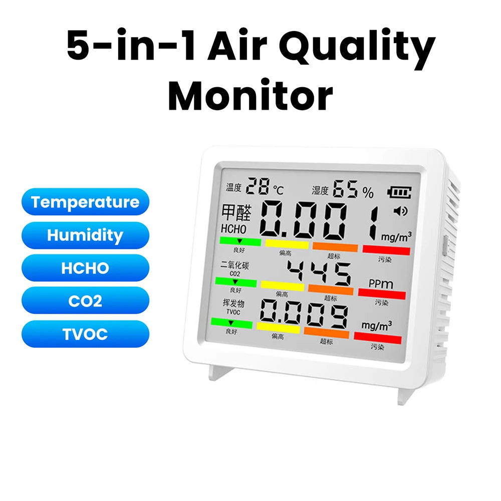 5-in-1 Air Quality Detector CO2 Tester HCHO TVOC Formaldehyde Carbon Dioxide Monitor Temperature Humidity Meter Type C Interface